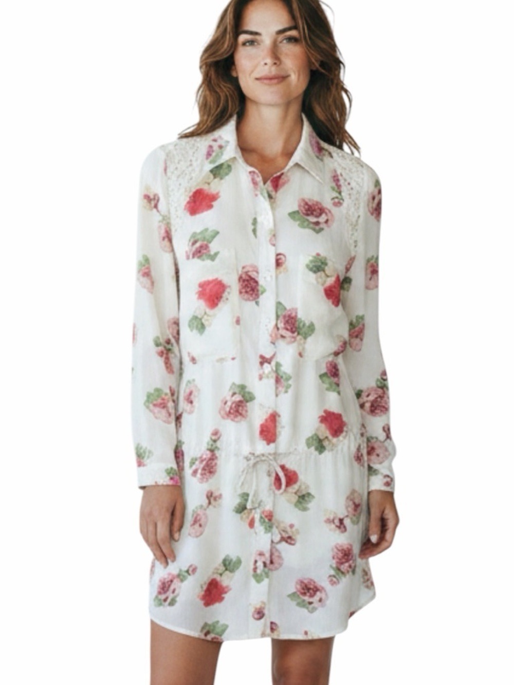 Miss Me Floral Lace Shoulders Drawstring Waist Long Tunic Size Large